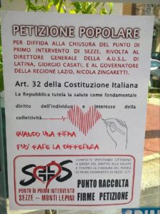 L'avviso della petizione popolare che, in questi giorni, alcuni gruppi spontanei di cittadini di Sezze stanno raccogliendo migliaia di firme per diffidare Zingaretti e e il direttore generale dell'Ausl di Latina, Giorgio Casati, circa la chiusura del PPI