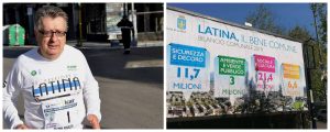 Il consigliere comunale di LBC Gianni Rinaldi e i manifesti del Comune di Latina