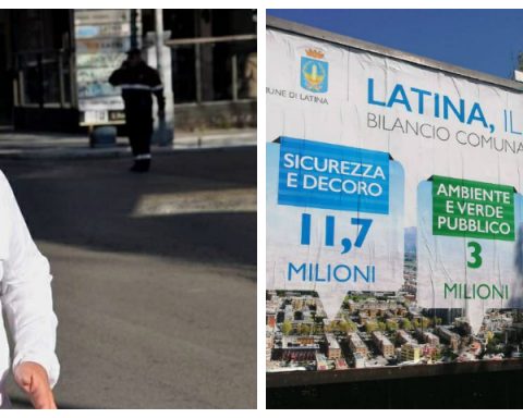 Il consigliere comunale di LBC Gianni Rinaldi e i manifesti del Comune di Latina
