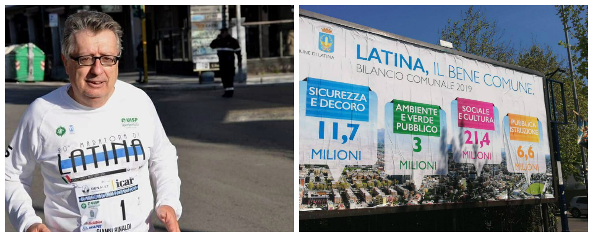 Il consigliere comunale di LBC Gianni Rinaldi e i manifesti del Comune di Latina