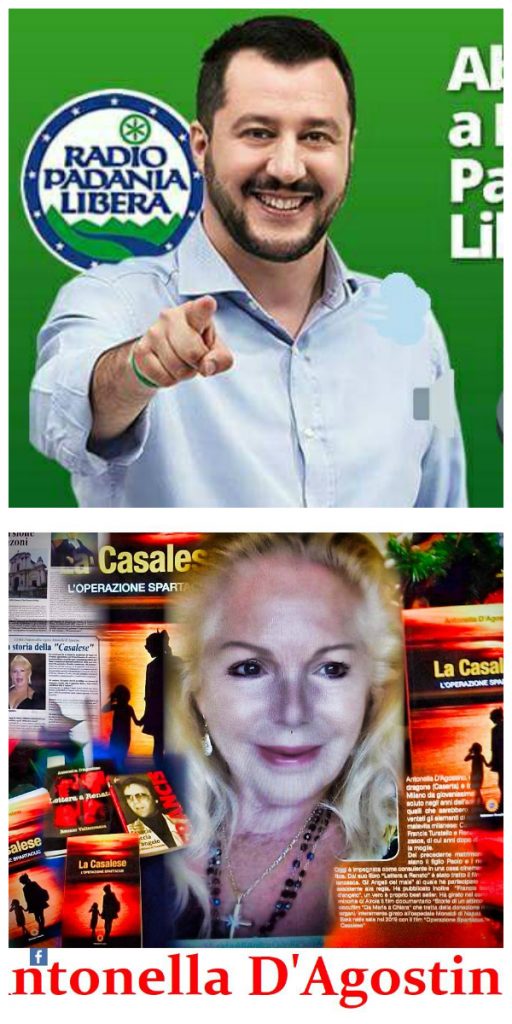 Matteo Salvini con Radio Padania Libera e (sotto) Antonella D'Agostino con lo sfondo della locandina del suo film/libro