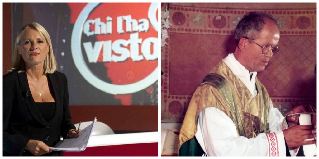 Federica Sciarelli, conduttrice di "Chi l'ha visto" e il parroco di Borgo Montello Don Cesare Boschin
