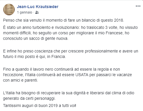 Post Facebook del 1° gennaio 2019 di Jean-Luc Krautsieder