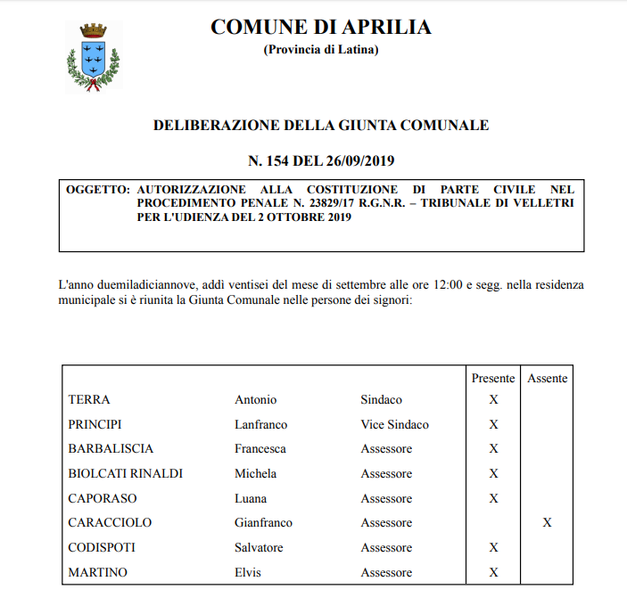 delibera di giunta del comune di aprilia parte civile processo gangemi