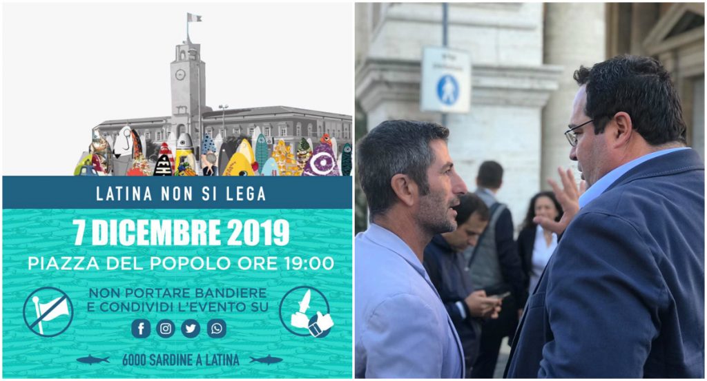 L'evento latinense delle Sardine e (di spalle) il consigliere regionale Angelo Tripodi con l'onorevole Claudio Durigon
