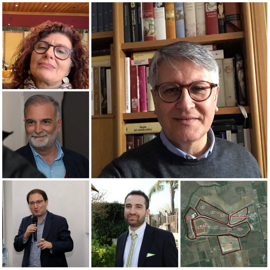 Al centro Claudio Moscardelli. In senso anti-orario Nicoletta Zuliani, Enrico Forte, Salvatore La Penna e Alessandro Cozzolino. In fondo a destra la mappa degli invasi della discarica di Borgo Montello