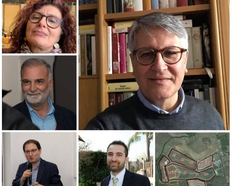 Al centro Claudio Moscardelli. In senso anti-orario Nicoletta Zuliani, Enrico Forte, Salvatore La Penna e Alessandro Cozzolino. In fondo a destra la mappa degli invasi della discarica di Borgo Montello