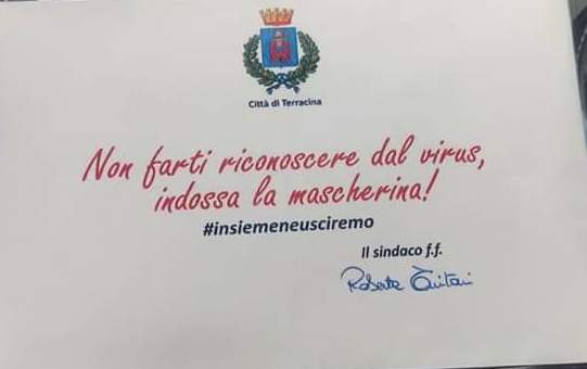 Il biglietto del Comune di Terracina firmato da Roberta Tintari