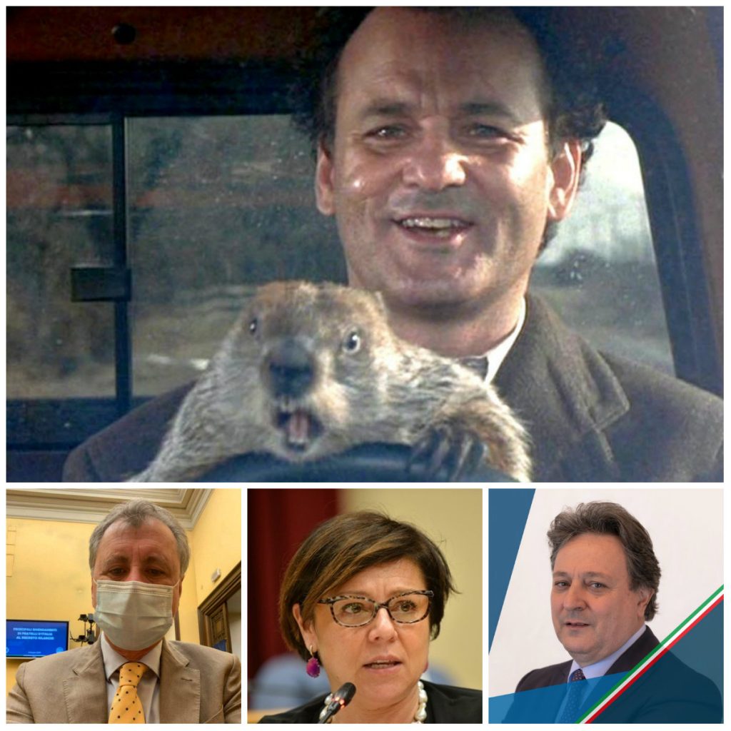 In alto una scena tratta dal film "Il giorno della marmotta" (1993) con Bill Murray. La storia tratta di un meteorologo della TV che rivive ogni giorno lo stesso giorno, riproducendo sempre le stesse azioni e le stesse battute. Sotto da sinista, Nicola Calandrini, Paola De Micheli e Claudio Fazzone