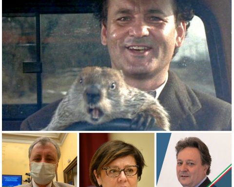 In alto una scena tratta dal film "Il giorno della marmotta" (1993) con Bill Murray. La storia tratta di un meteorologo della TV che rivive ogni giorno lo stesso giorno, riproducendo sempre le stesse azioni e le stesse battute. Sotto da sinista, Nicola Calandrini, Paola De Micheli e Claudio Fazzone