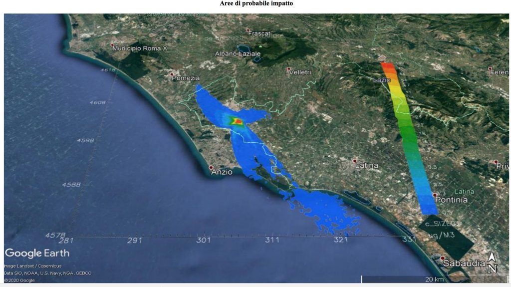 La mappa evidenzia le aree interessate durante l’evento (dalle ore 20 del 9 agosto alle ore 15 del 10 agosto). I colori rappresentano le zone di probabile impatto (le aree rosse sono quelle maggiormente interessate, quelle blu sono quelle a minore impatto). La mappa non contiene informazioni né sul tipo di inquinante emesso né sulla sua concentrazione al suolo. È stato ipotizzato che sia bruciato il 100% del materiale