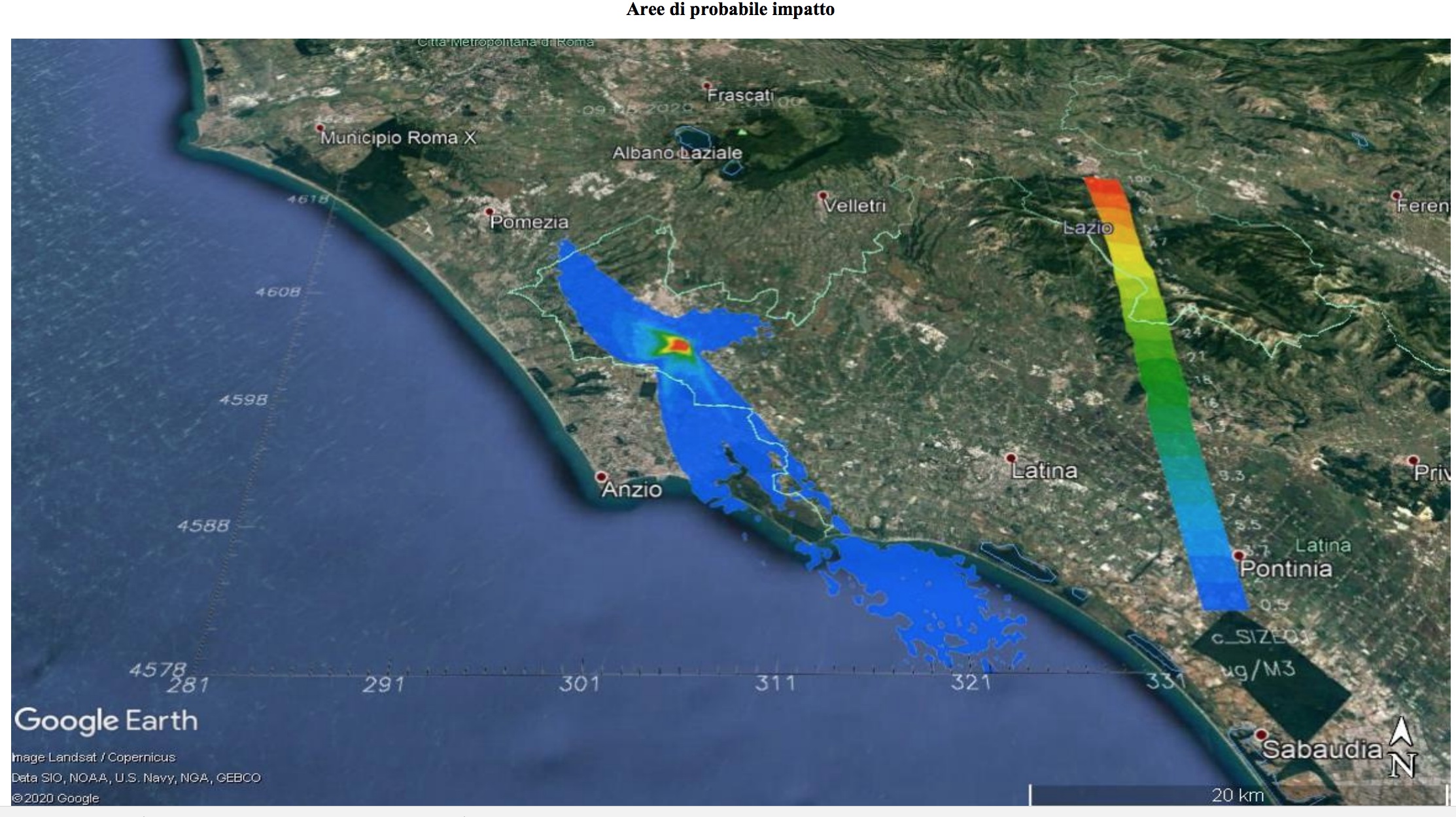 La mappa evidenzia le aree interessate durante l’evento (dalle ore 20 del 9 agosto alle ore 15 del 10 agosto). I colori rappresentano le zone di probabile impatto (le aree rosse sono quelle maggiormente interessate, quelle blu sono quelle a minore impatto). La mappa non contiene informazioni né sul tipo di inquinante emesso né sulla sua concentrazione al suolo. È stato ipotizzato che sia bruciato il 100% del materiale