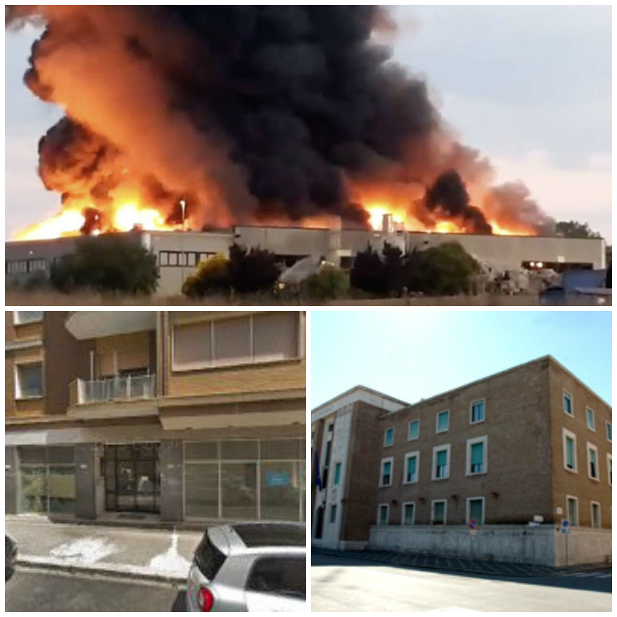 Sopra l'incendio alla Loas di Aprilia, sotto a destra la sede dell'Arpa a Latina e a sinistra la Provincia