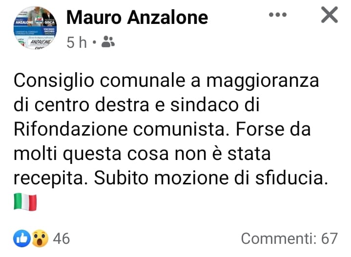 Il post del neo-eletto consigliere comunale di Forza Italia Mauro Anzalone