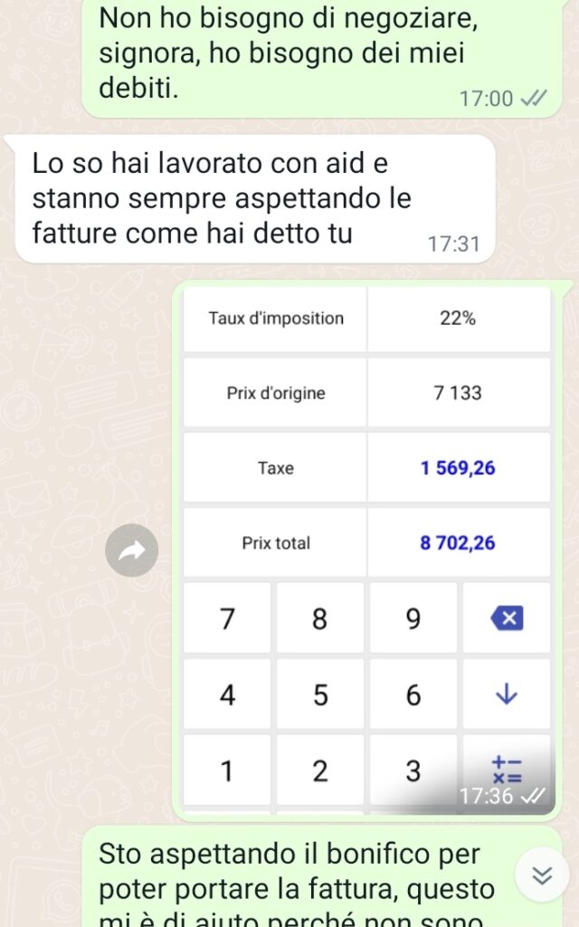 Uno dei messaggi scambiati dai vertici della Coop e uno dei lavoratori che aspettando di essere pagati